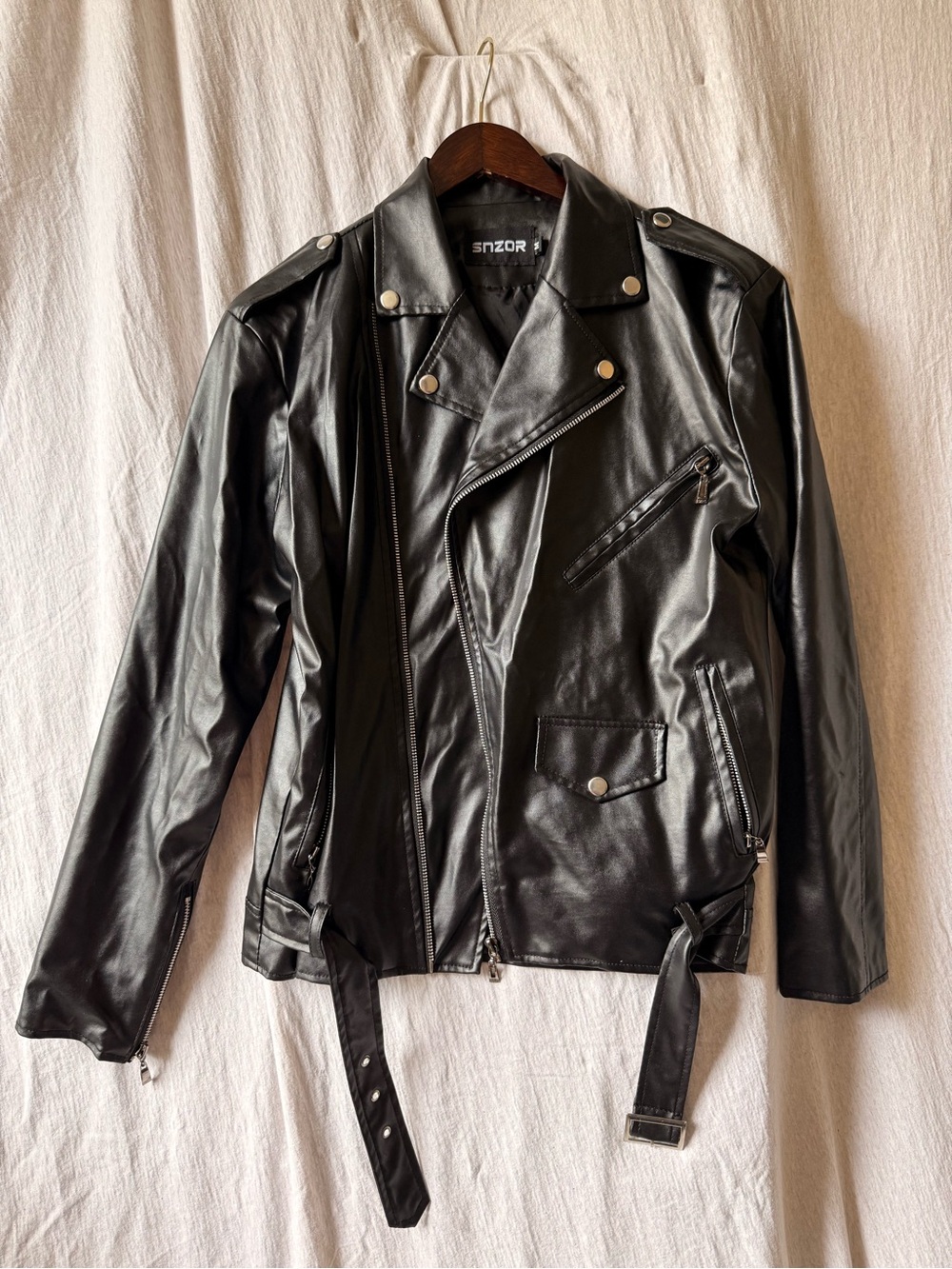 SNZOR Black Faux Leather Biker Jacket Zip Lined Notch Collar Size M